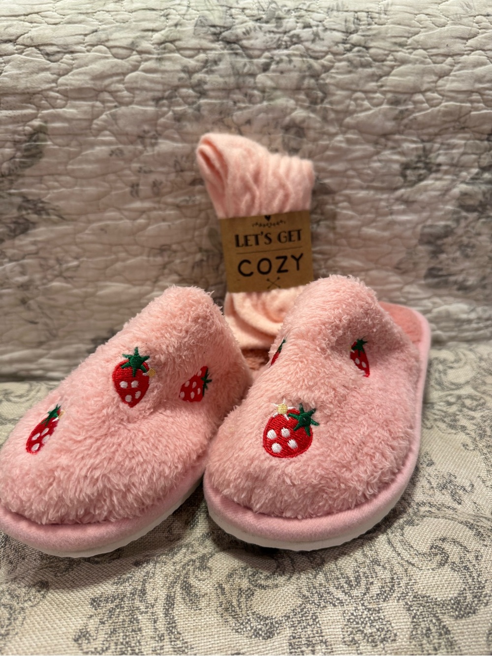 Pink Fuzzy Strawberry Embroidered Slippers